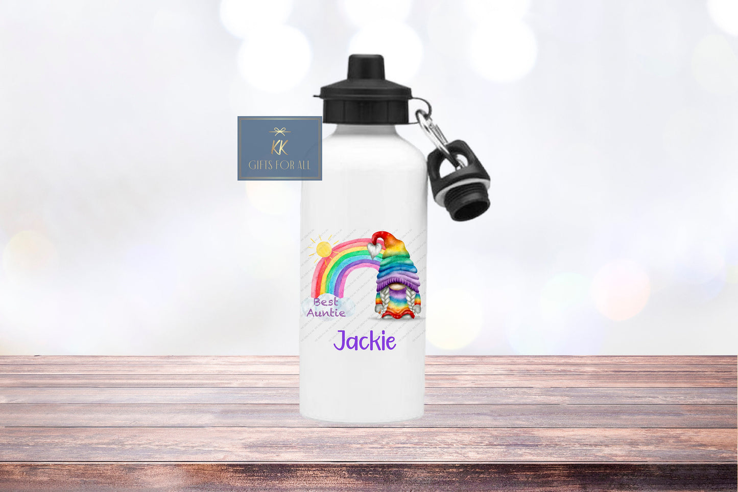 Personalised Rainbow Gonk Water Bottle, Teenage Girl Drink Bottle