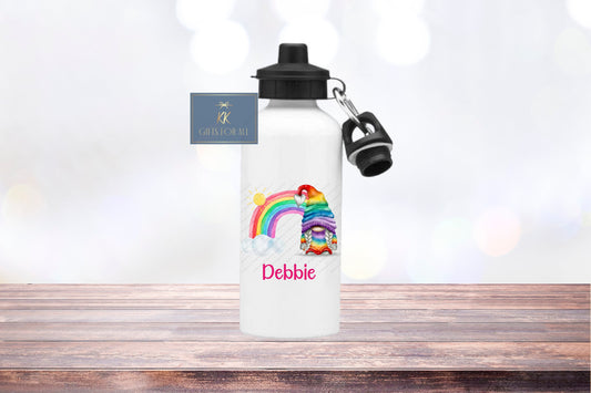 Personalised Rainbow Gonk Water Bottle, Teenage Girl Drink Bottle