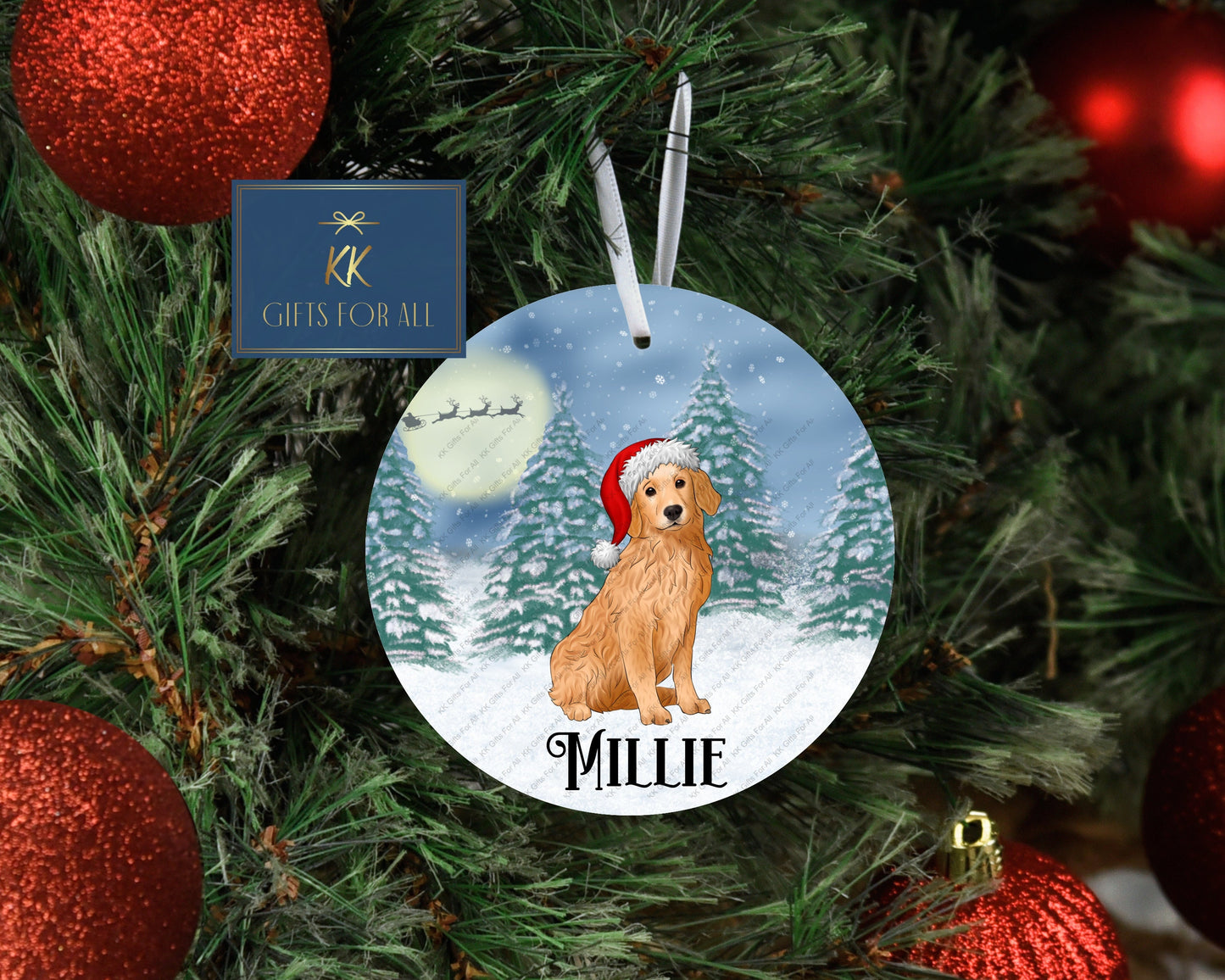 Personalised Christmas Tree Decoration, Golden Retriever Xmas Metal Hanging Dec, Santa Hat Golden Retrieve Ornament