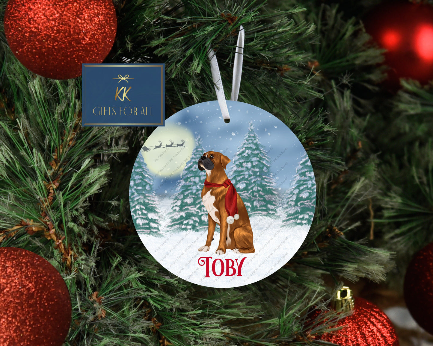 Personalised Christmas Tree Decoration, Metal Hanging Ornament, Xmas Boxer Dog Tree Dec, Tan Ginger Brown Boxer