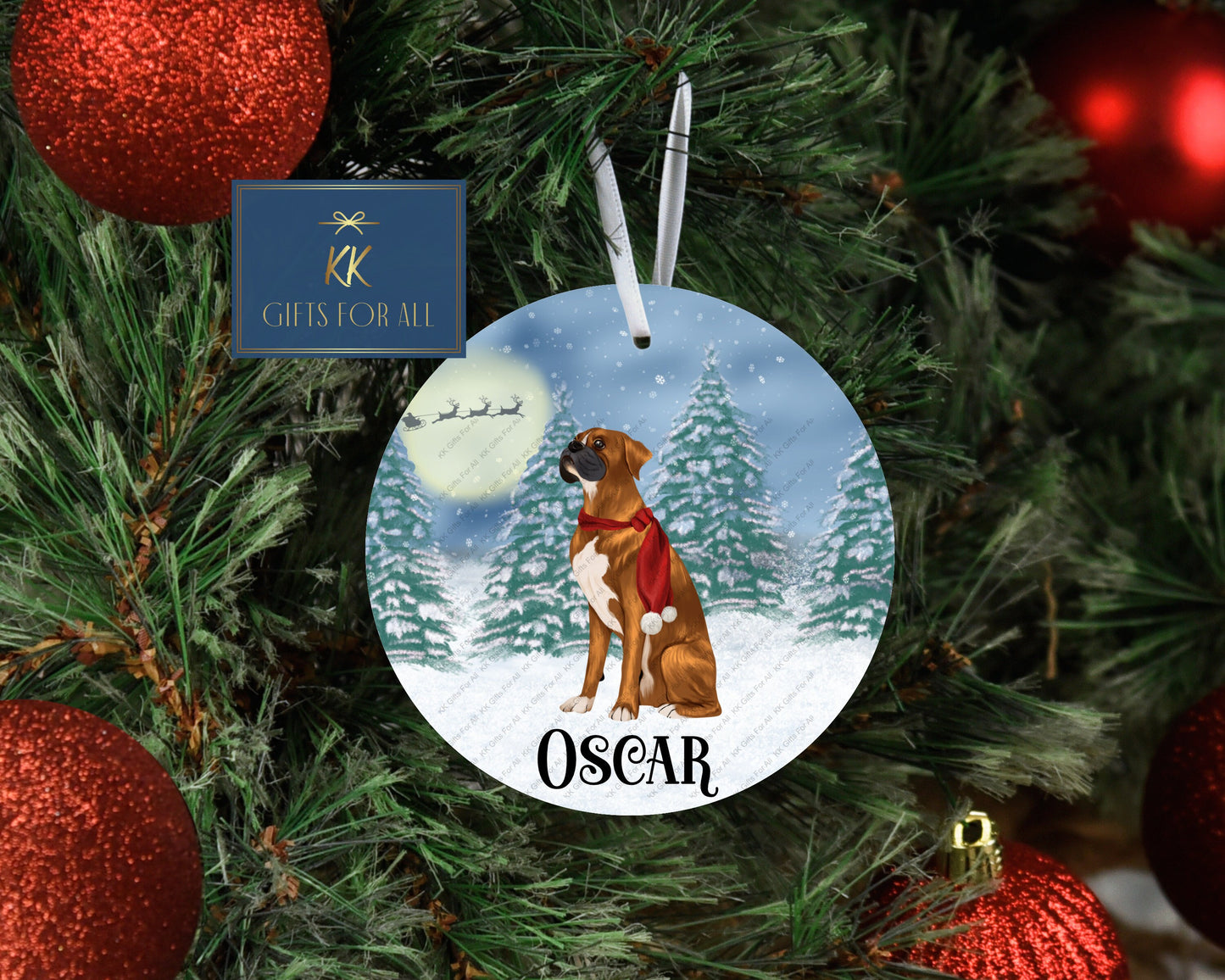 Personalised Christmas Tree Decoration, Metal Hanging Ornament, Xmas Boxer Dog Tree Dec, Tan Ginger Brown Boxer