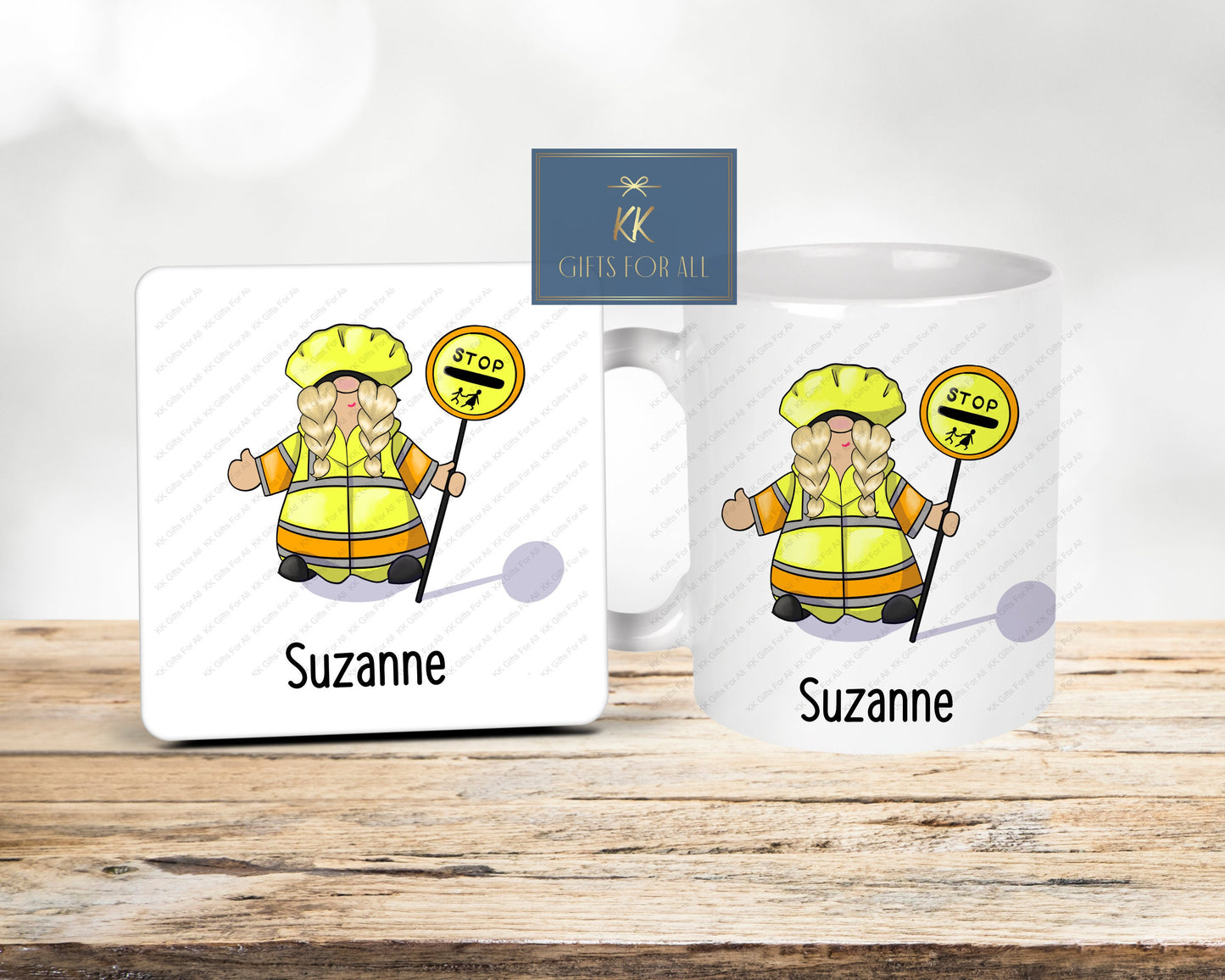 Personalised Lollipop Lady Gonk Mug & Coaster, Thank You Crossing Officer, Safe Road Crossing