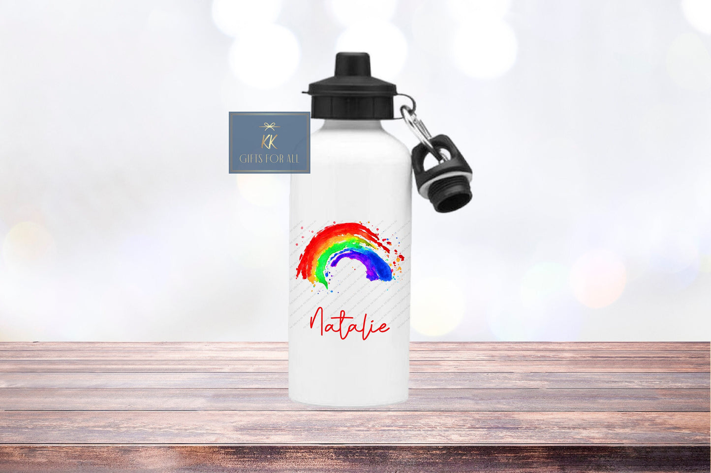 Rainbow Water Bottle, Personalised Water Bottle, Drinks Bottle, Aluminium Bottle, 600ML White Bottle, Gift For Her, Teacher Gift,White Flask