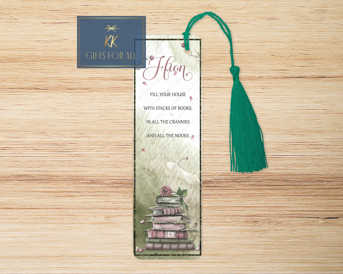 Green Bookmark, Personalised Bookmark, Watercolour Green Book Mark, Book Stack Bookmarker,