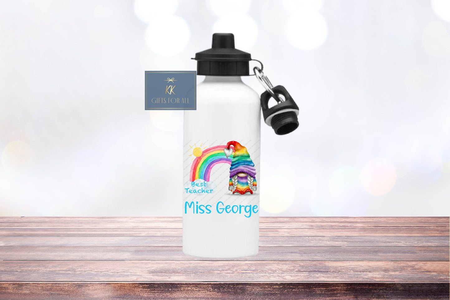 Personalised Rainbow Gonk Water Bottle, Teenage Girl Drink Bottle