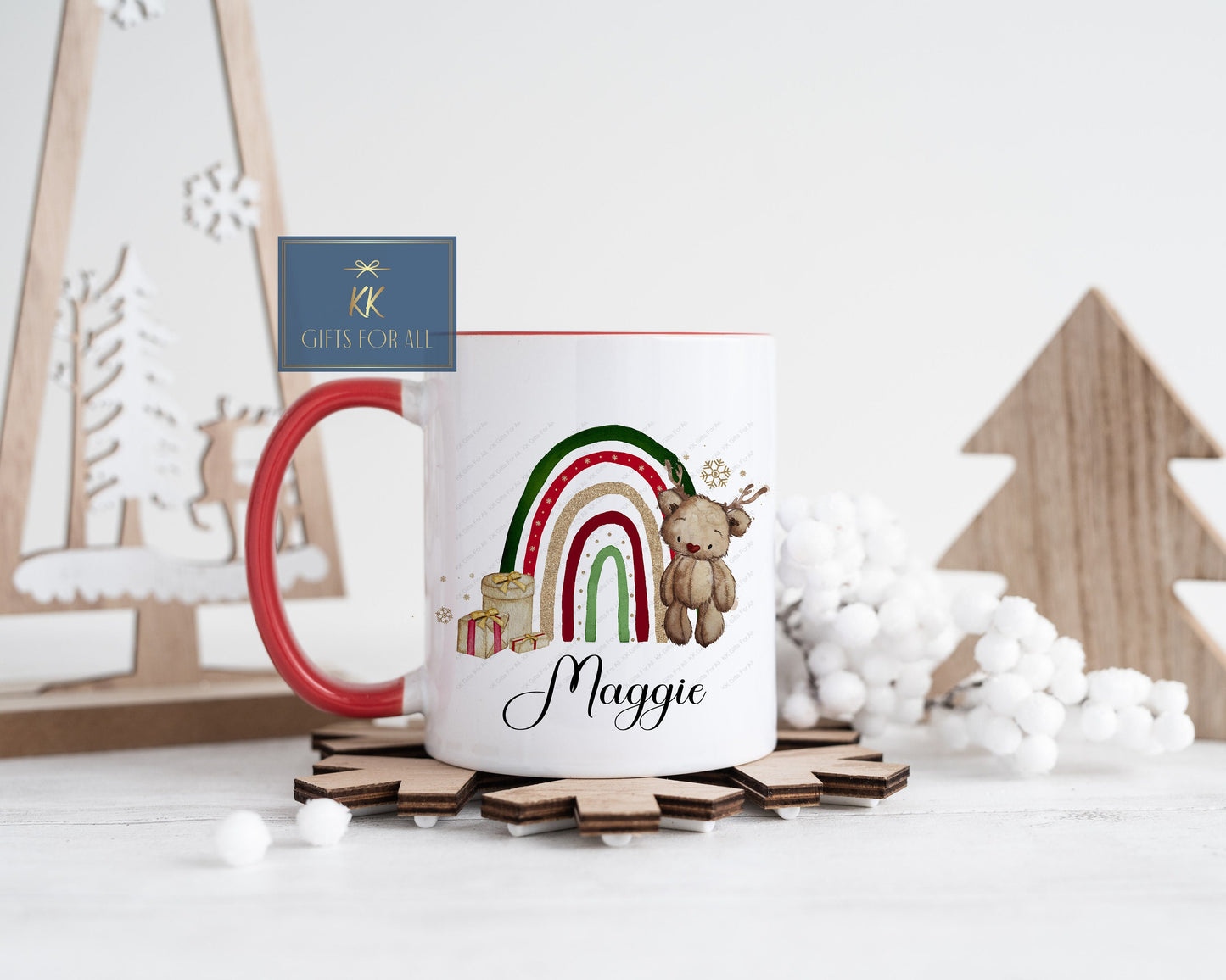 Personalised Antler Brown Christmas Bear, Child's Christmas Hot Chocolate Cocoa Mug, Xmas 2024 Rainbow