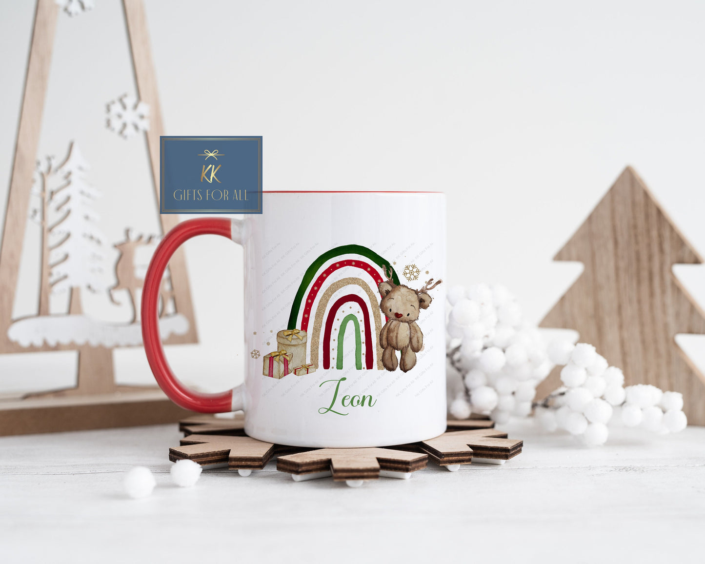 Personalised Antler Brown Christmas Bear, Child's Christmas Hot Chocolate Cocoa Mug, Xmas 2024 Rainbow