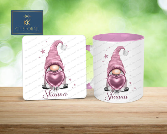 Pink Gonk Mug, Personalised Gonk Mug, Birthday Gift For Her, Valentines Gnome Mug, Personalised Mug And Coaster Gift, Custom Coaster, Pink