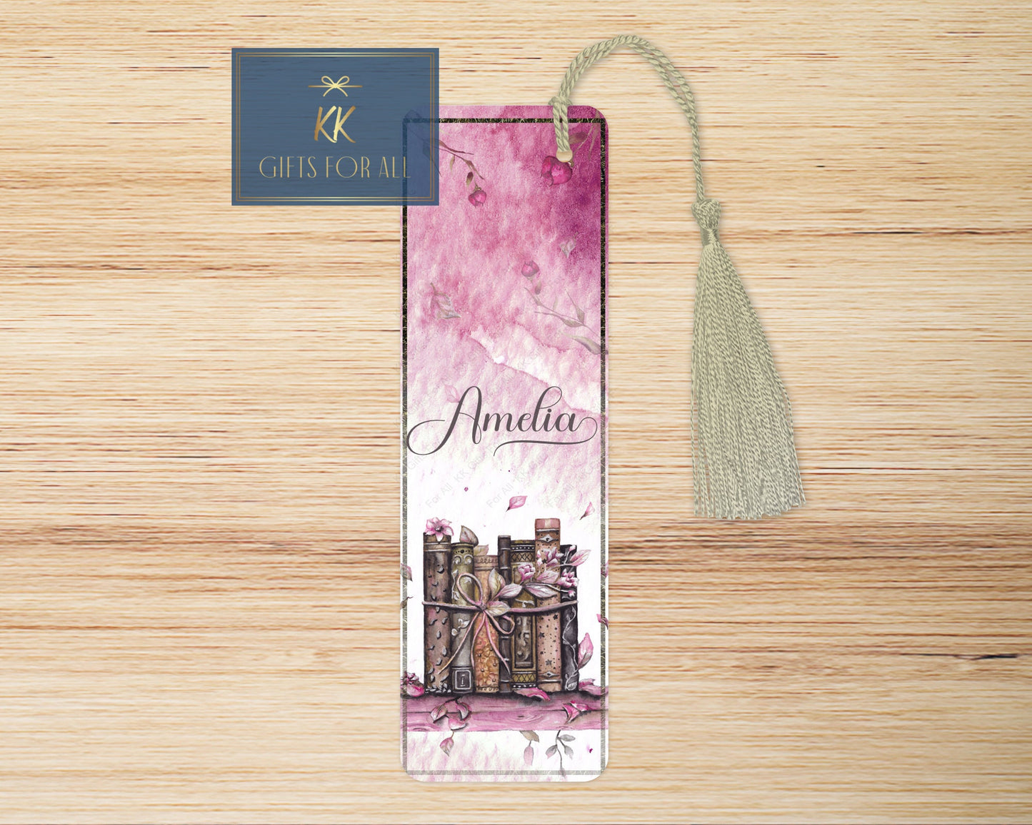 Pink Personalised Bookmark, Personalised Bookmark, Watercolour Book Stack Book Mark, Coloured Tassel, Letterbox Gifts, Girls Book Marker