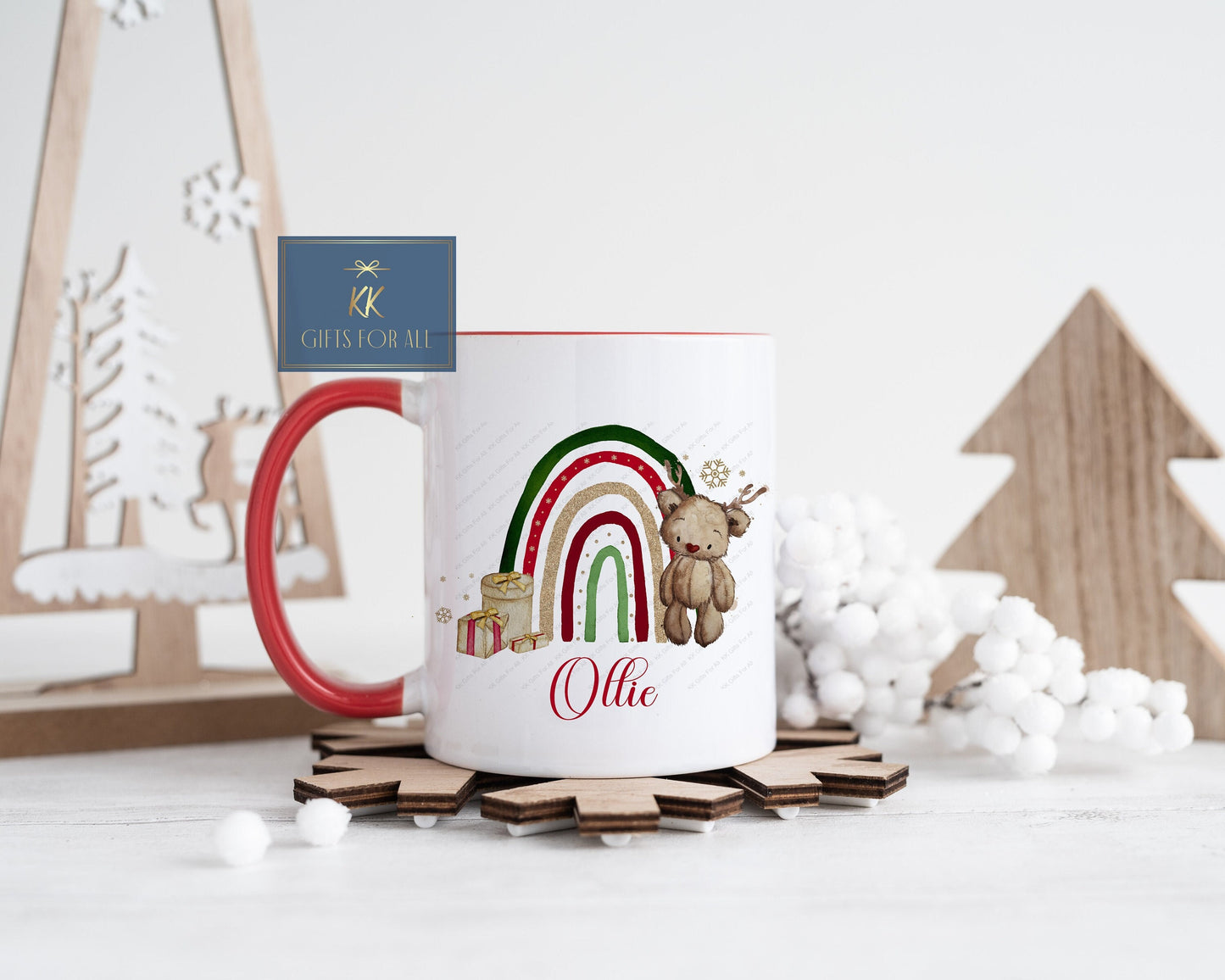 Personalised Antler Brown Christmas Bear, Child's Christmas Hot Chocolate Cocoa Mug, Xmas 2024 Rainbow