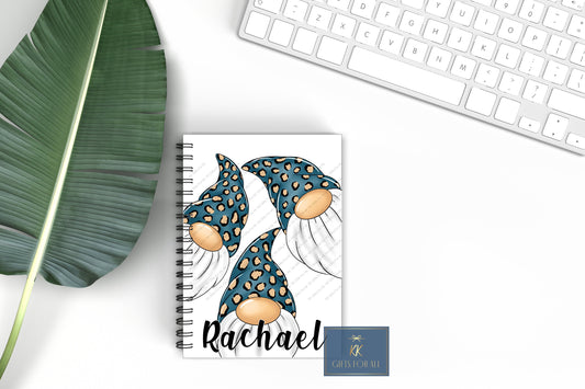 Teal Leopard Print Gonk Notebook, Gift For Mum, Friend, Birthday Gift For Her, Personalised Notepad, A5 binded lined Notes, Teal Tan Gnome