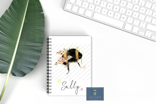 Floral Bee Personalised Notebook, Gift For Mum, Birthday Gift For Her, Personalised Notepad, A5 Notes, Watercolor Bee Flower Wings