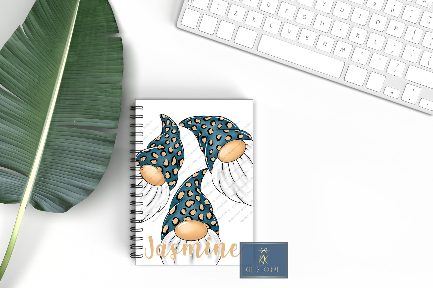 Teal Leopard Print Gonk Notebook, Gift For Mum, Friend, Birthday Gift For Her, Personalised Notepad, A5 binded lined Notes, Teal Tan Gnome