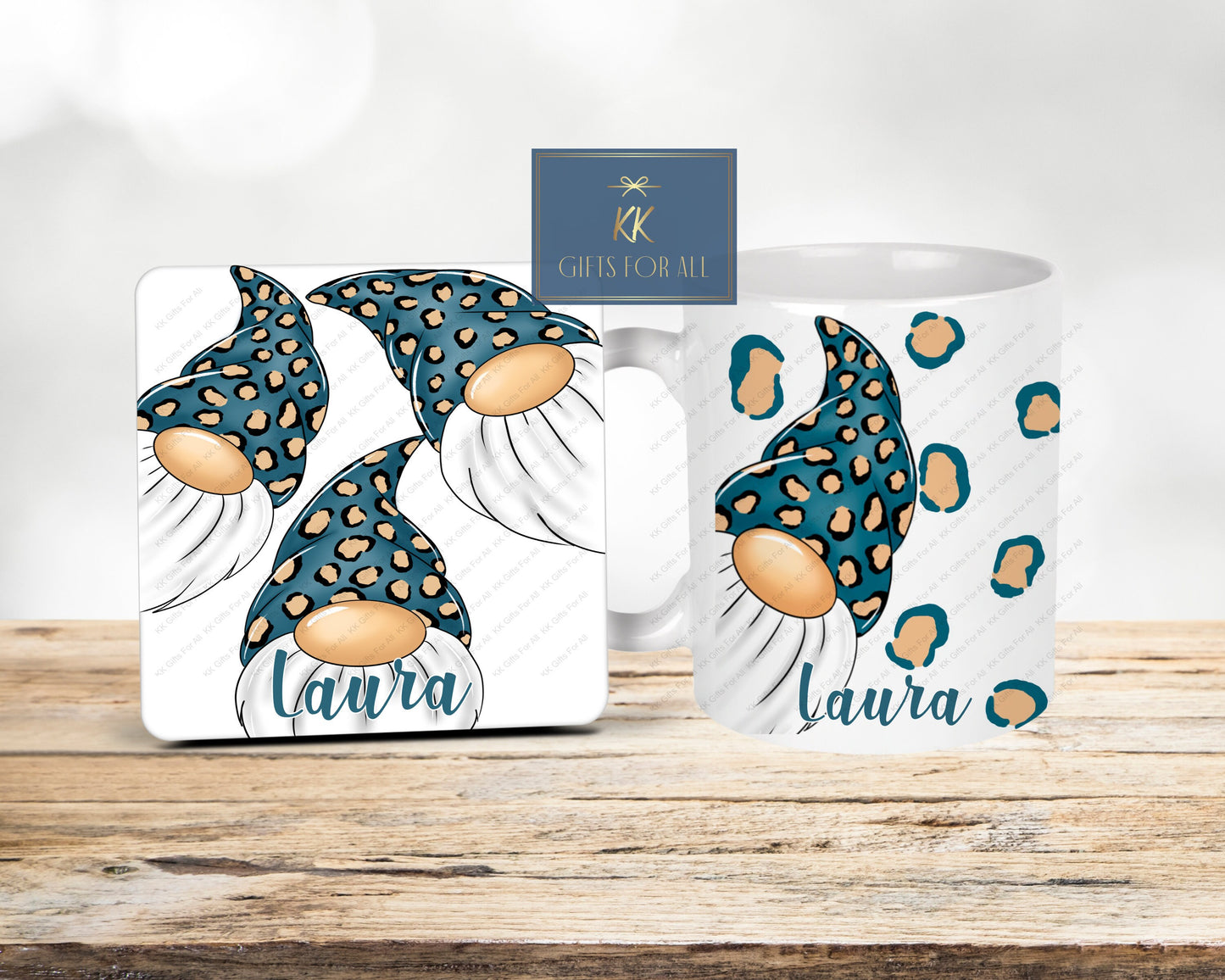 Gonk Mug & Coaster, Teal Leopard Prink Gonk, Gift For Mum, Personalised Mug, Ceramic Mug, Valentine's Gift For Wife Or Girlfriend, Gnome Mug