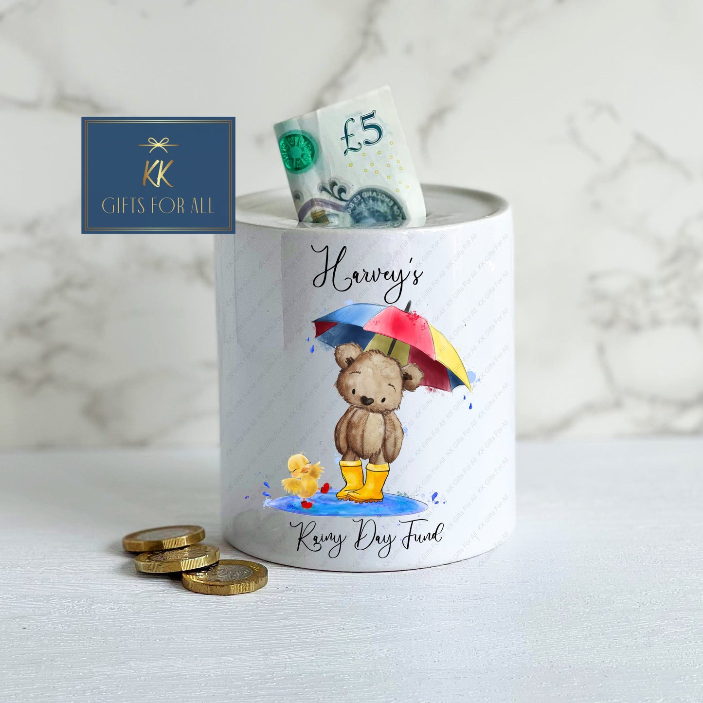 Personalised Money Box, Rainy Days Savings Pot, White Ceramic Savings Pot, Money Pot, Kids Piggy Bank, Gift For Children, New Baby Gift