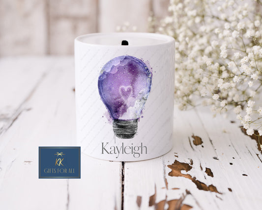 Personalised Money Box, Purple Galaxy Lightbulb Gift, White Ceramic Savings Pot, Money Pot, Piggy Bank, Kids Saving Box