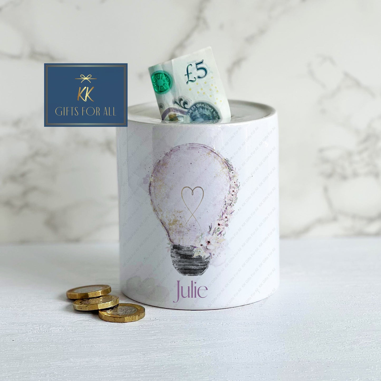 Personalised Money Box, Lilac Lightbulb Money Pot, White Ceramic Savings Pot, Piggy Bank, Kids Saving Box, Wedding Saving Fund