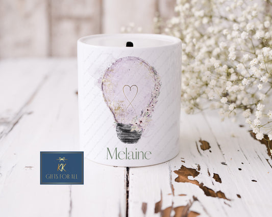 Personalised Money Box, Lilac Lightbulb Money Pot, White Ceramic Savings Pot, Piggy Bank, Kids Saving Box, Wedding Saving Fund