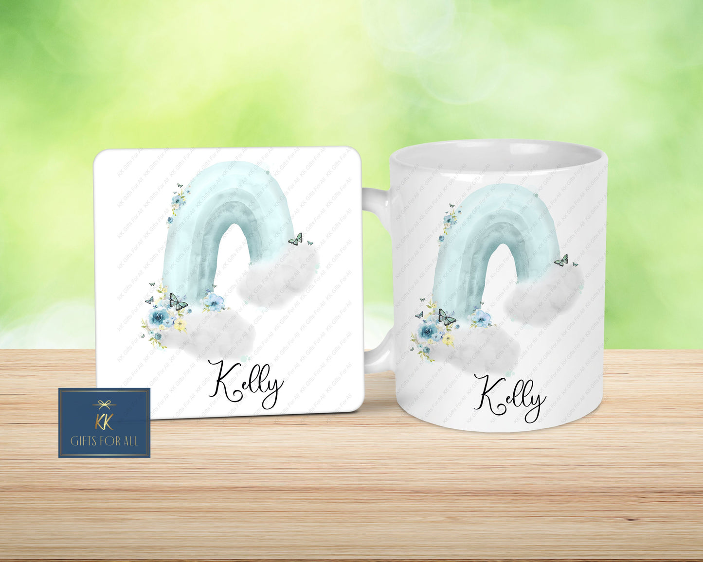 Blue Floral Rainbow Mug & Coaster, Birthday Gift For Her, Personalised Mug