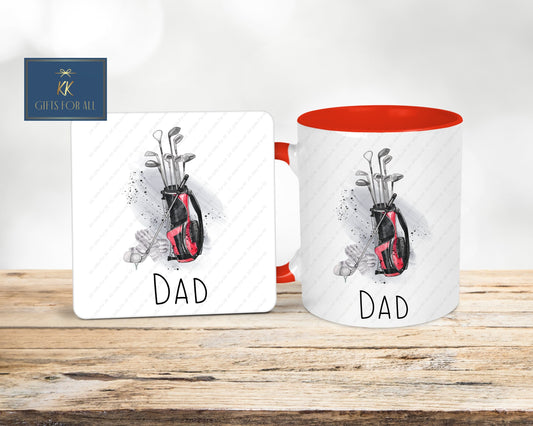 Golf Mug & Coaster, Gifts For Him, Personalised Golfer Red Mug Father's Day Gift