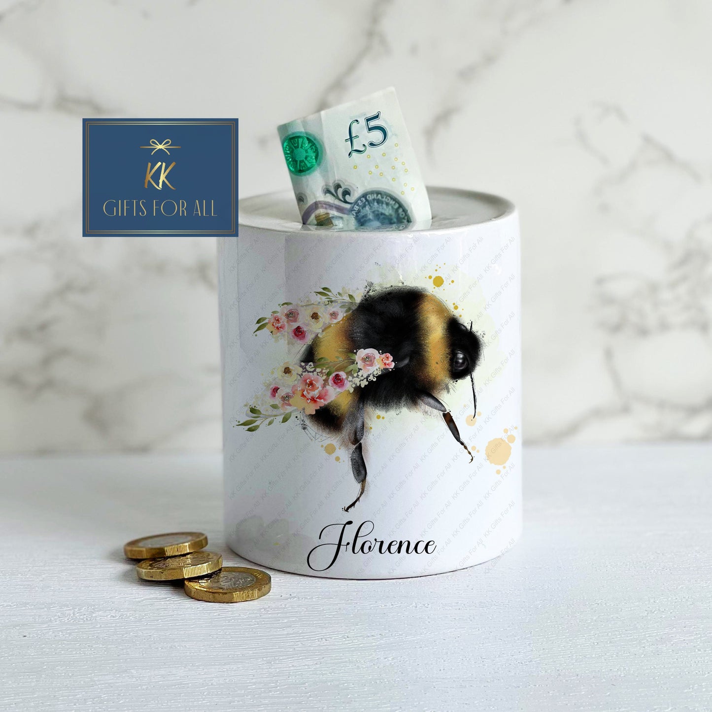 Personalised Floral Bee Money Box, White Ceramic Savings Pot,  Child's Piggy Bank, Mum's Saving Box, Gift For Friend Birthday, Bee Keeper