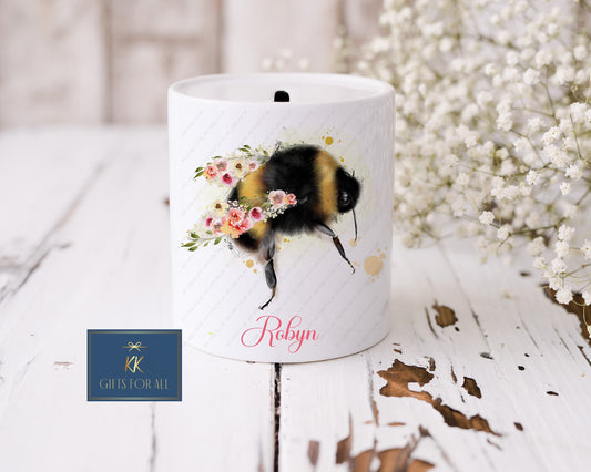 Personalised Floral Bee Money Box, White Ceramic Savings Pot,  Child's Piggy Bank, Mum's Saving Box, Gift For Friend Birthday, Bee Keeper