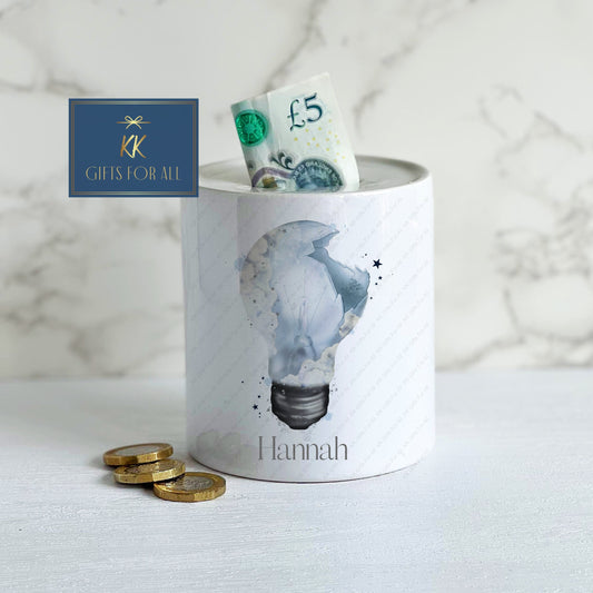 Personalised Money Box, White Ceramic Savings Pot, Lightbulb Money Pot, Adults Piggy Bank, Kids Saving Box