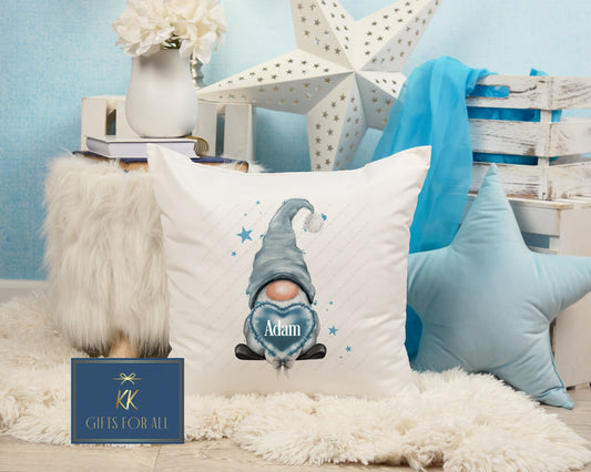 Personalised Gonk Cushion, Blue Gonk Holding Heart