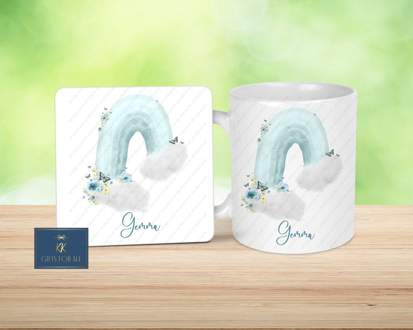 Blue Floral Rainbow Mug & Coaster, Birthday Gift For Her, Personalised Mug