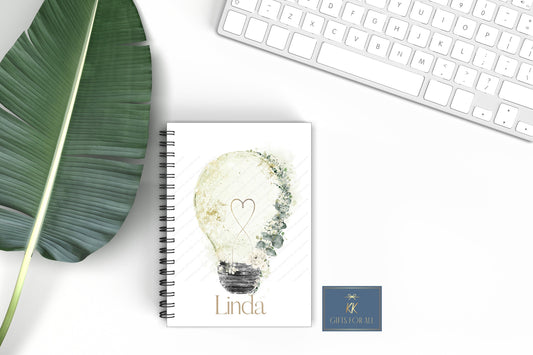 Personalised A5 Notebook, Sage Green Lightbulb Notebook