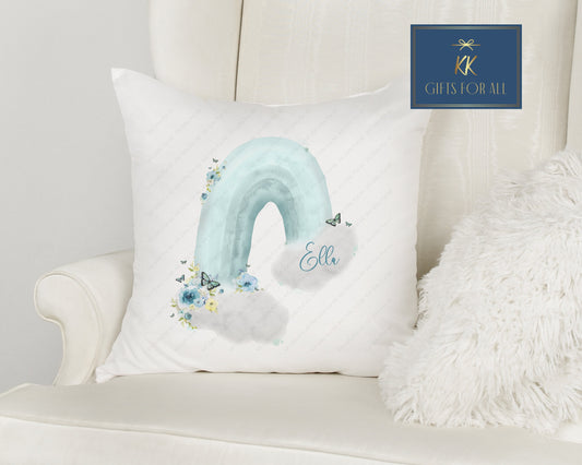 Personalised Cushion, Blue Rainbow Cushion, Floral Rainbow Cushion, Birthday Gift For Her, Teenager Bedroom Decor,