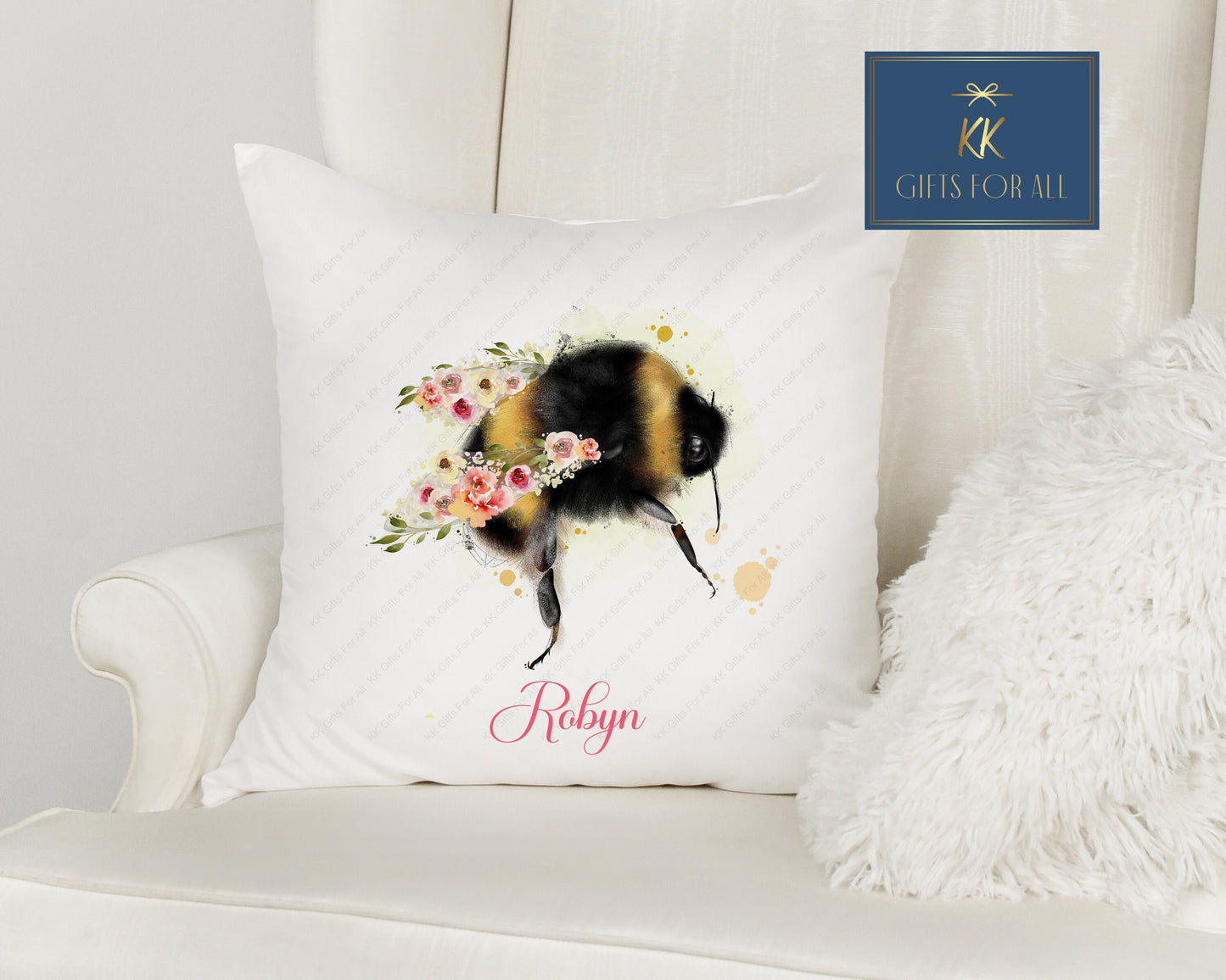 Personalised Cushion, Floral Bee Cushion, Bumble Bee Home Decor Cushion, Gift For Bee Lover, Bee Keeper Birthday Gift