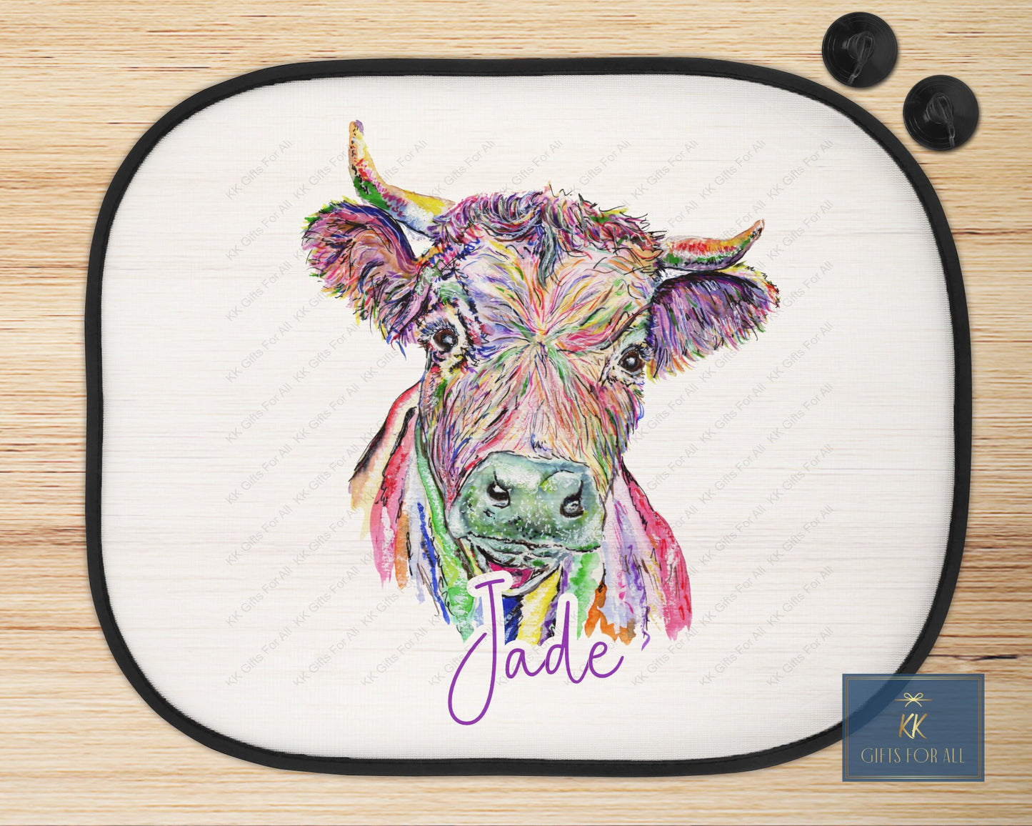 Personalised Cow Car Sun Shade, Car Sun Visor Rainbow Cow Gift For Kids Car