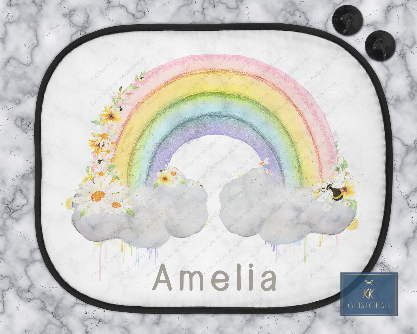 Personalised Rainbow Car Sun Shade, Car Sun Visor with Flowers & Bee