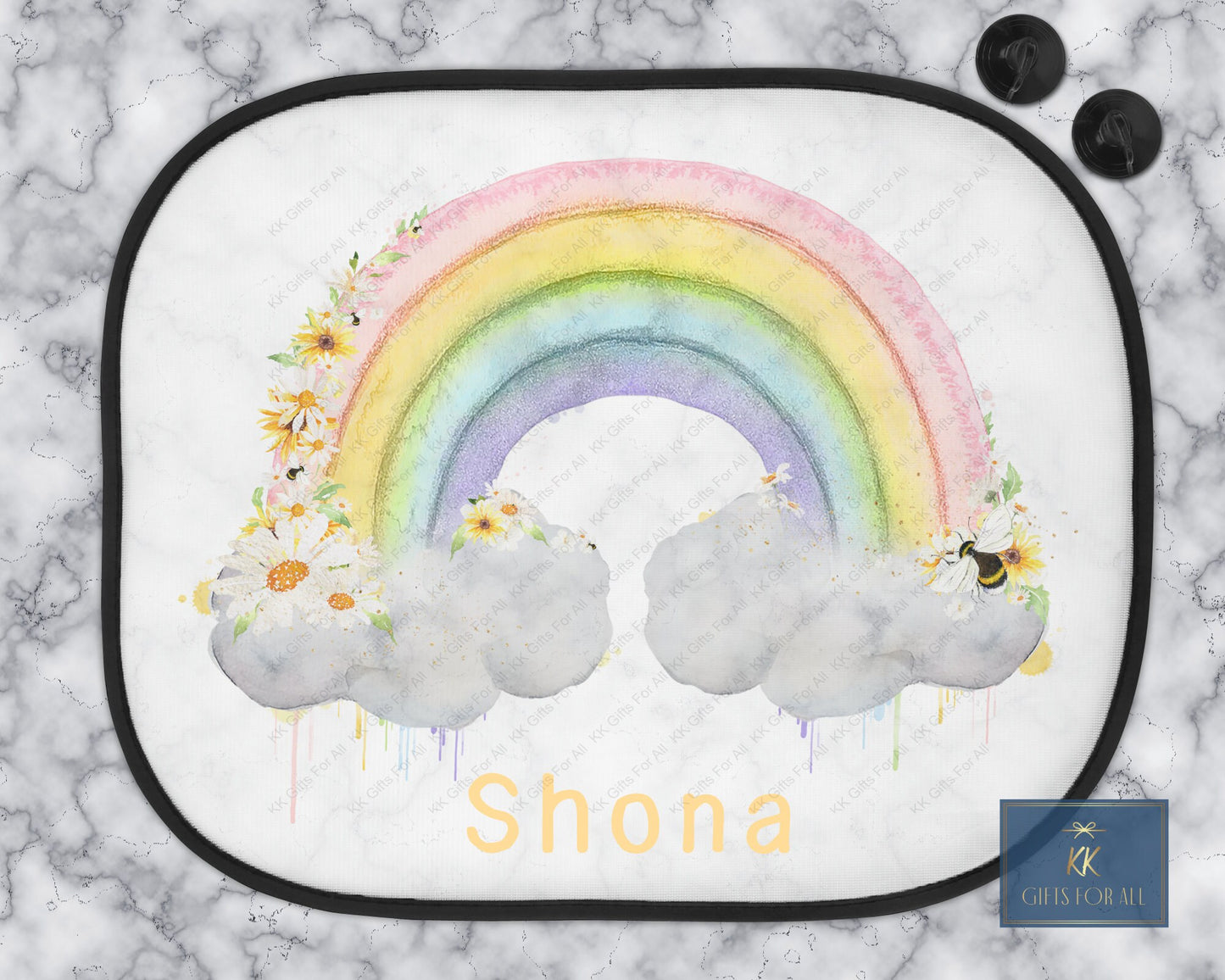 Personalised Rainbow Car Sun Shade, Car Sun Visor with Flowers & Bee