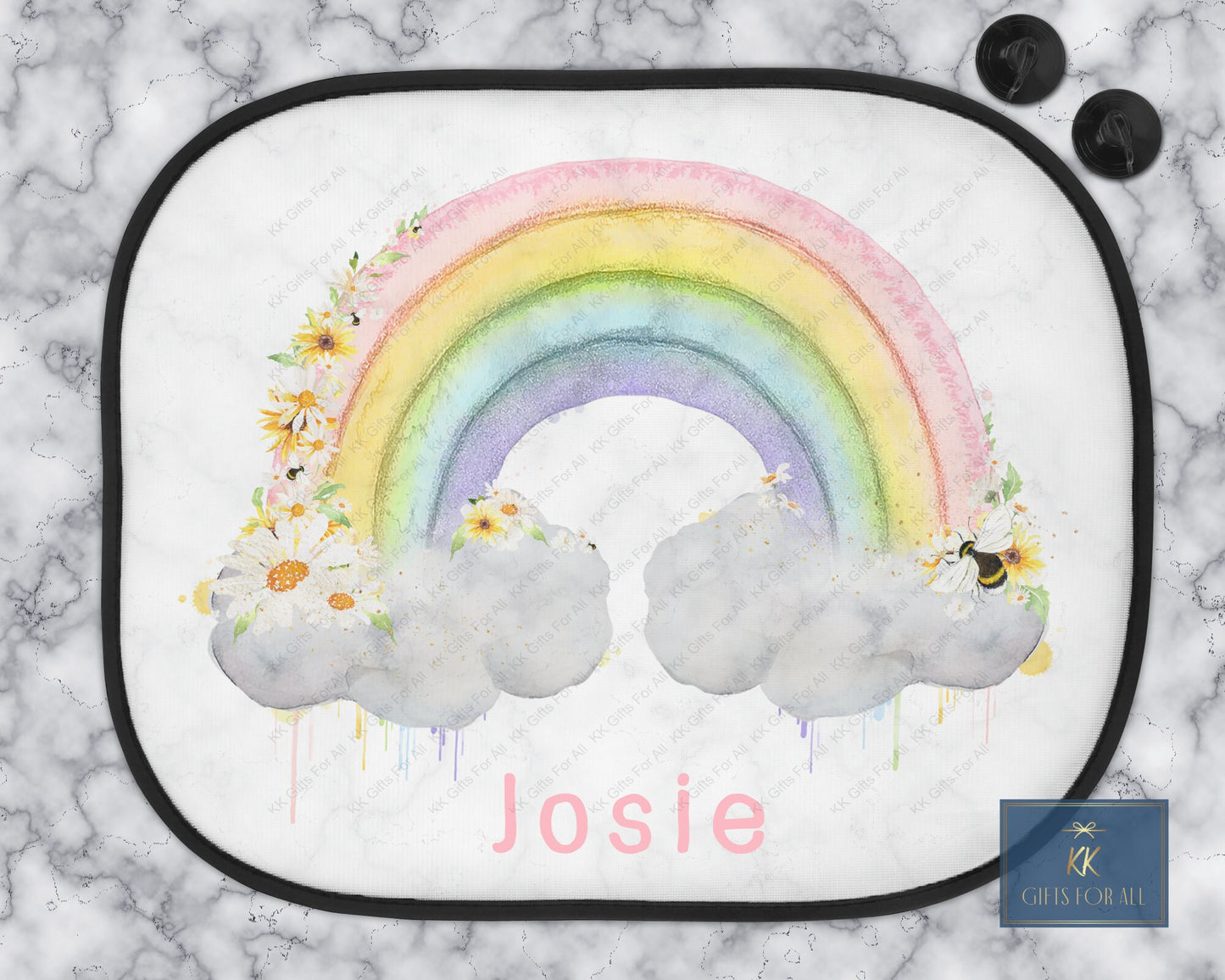 Personalised Rainbow Car Sun Shade, Car Sun Visor with Flowers & Bee