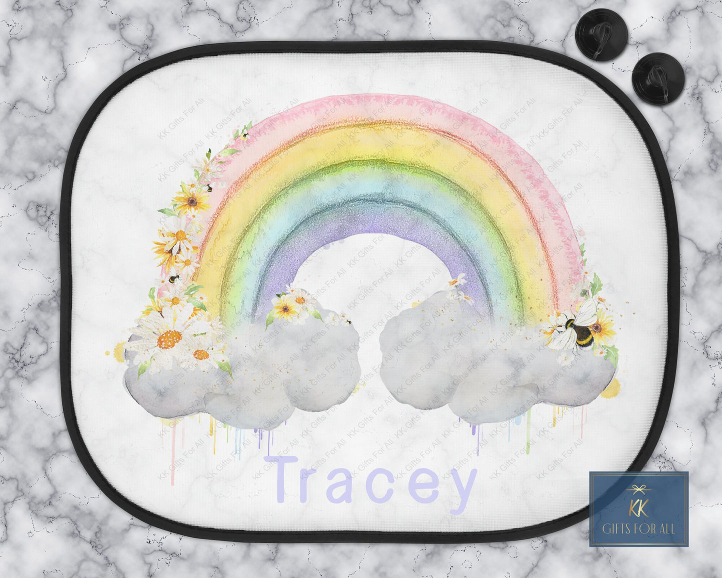 Personalised Rainbow Car Sun Shade, Car Sun Visor with Flowers & Bee