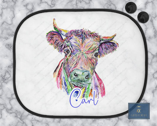 Personalised Cow Car Sun Shade, Car Sun Visor Rainbow Cow Gift For Kids Car