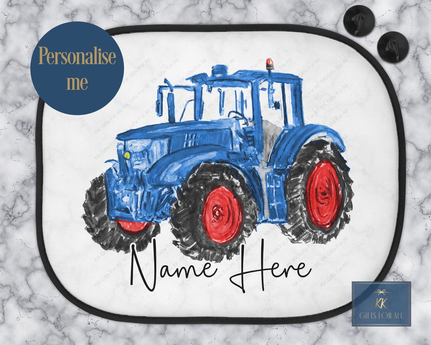 Personalised Blue Tractor Car Sun Shade, Farmer Boys Car Sun Visor