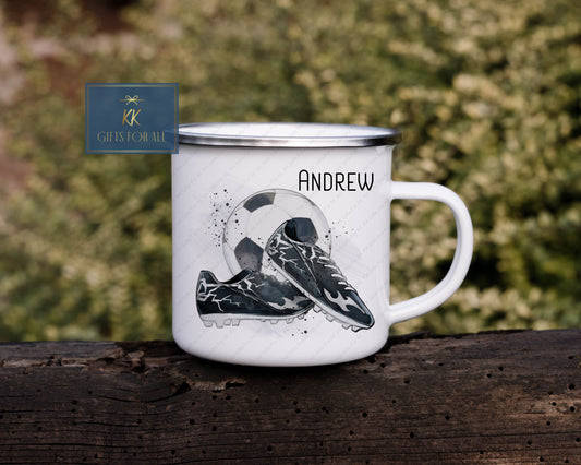 Personalised Football Enamel Mug, Outdoor Mug, Metal Kids Football Mug, Football Coach Gift