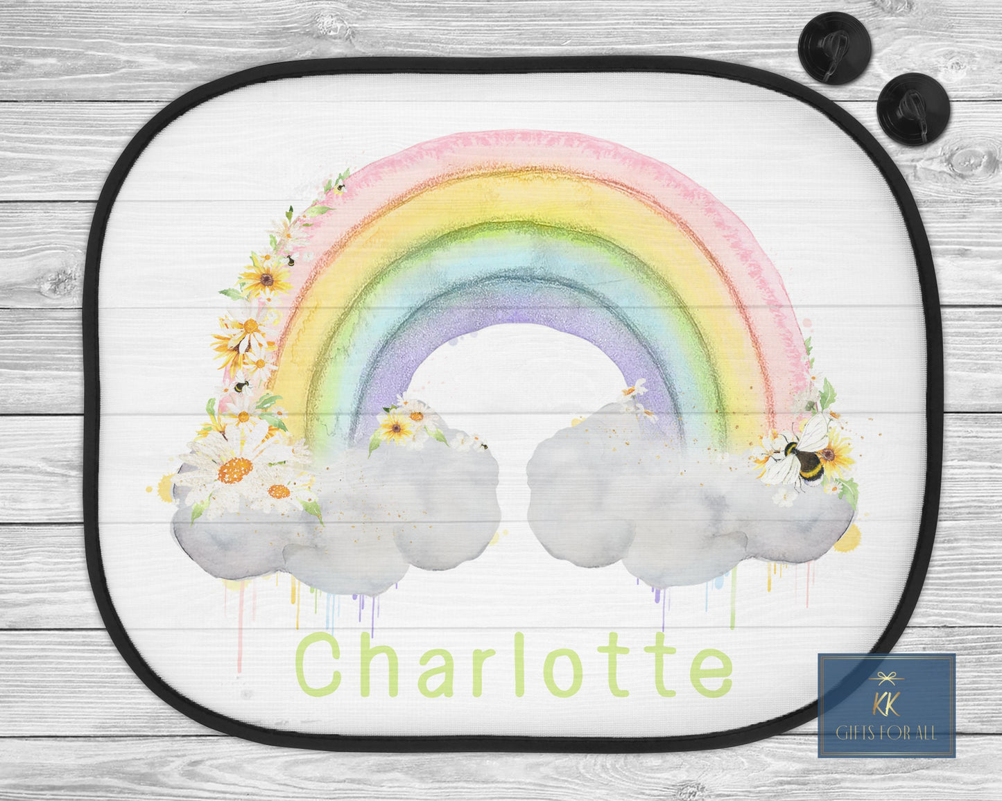 Personalised Rainbow Car Sun Shade, Car Sun Visor with Flowers & Bee