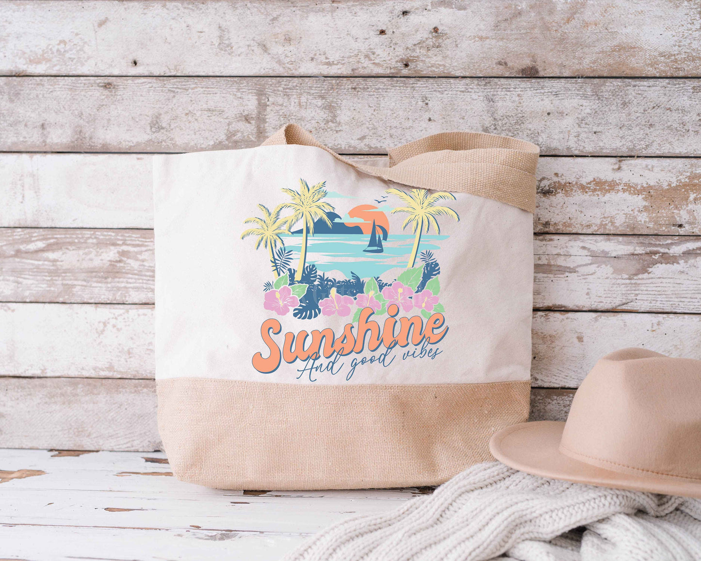 Large Jute Tote Bag Sunshine And Good Vibes Beach Bag Vintage Summer Holiday Bag