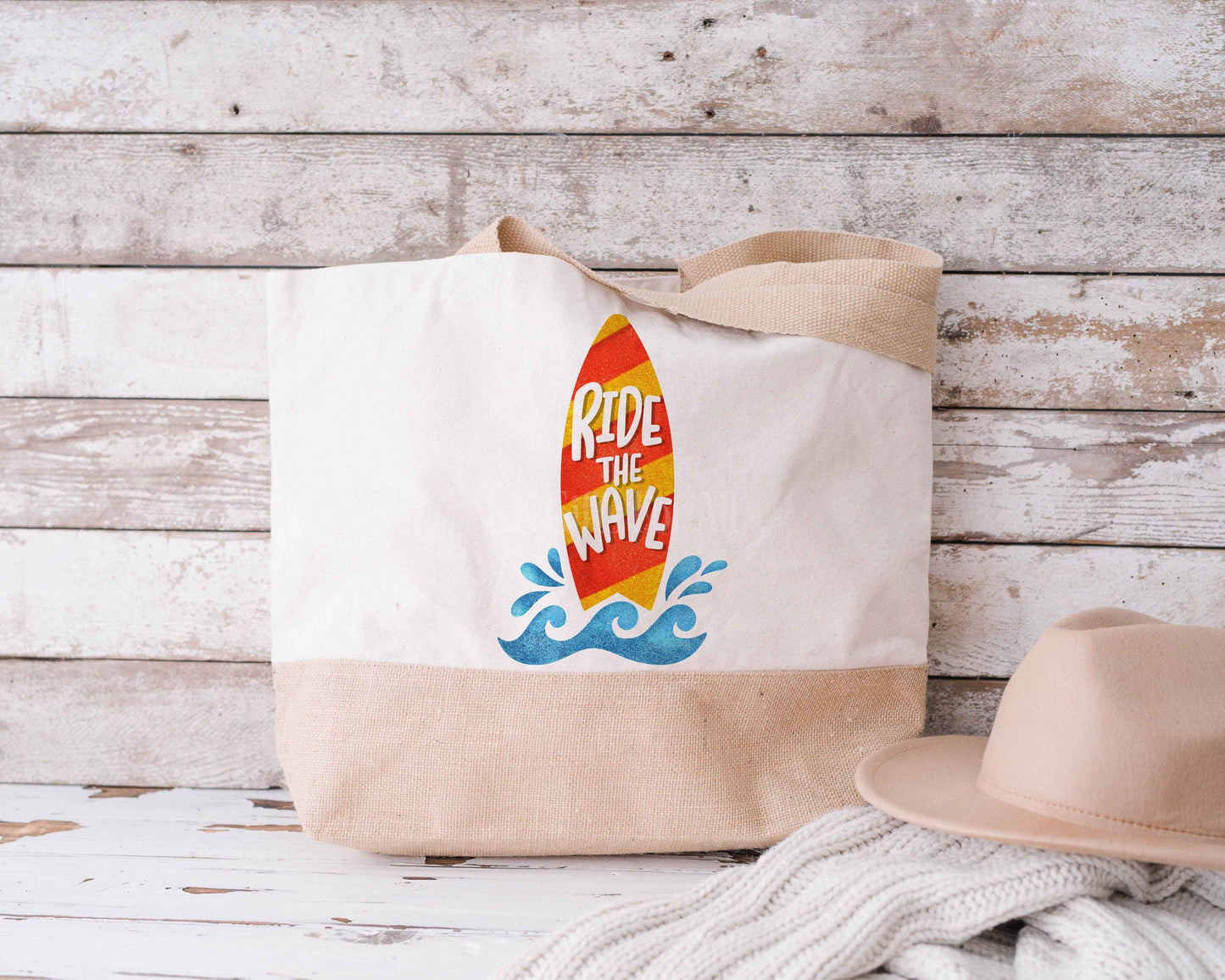 Ride The Waves Jute Tote Shopper Picnic Beach Bag, Eco Friendly Jute
