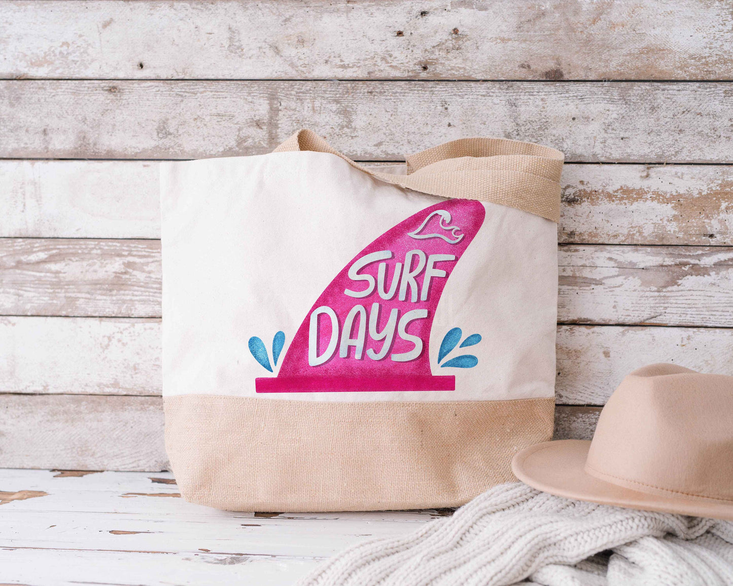 Pink Surf Days Beach Bag, Large Canvas Jute Totebag