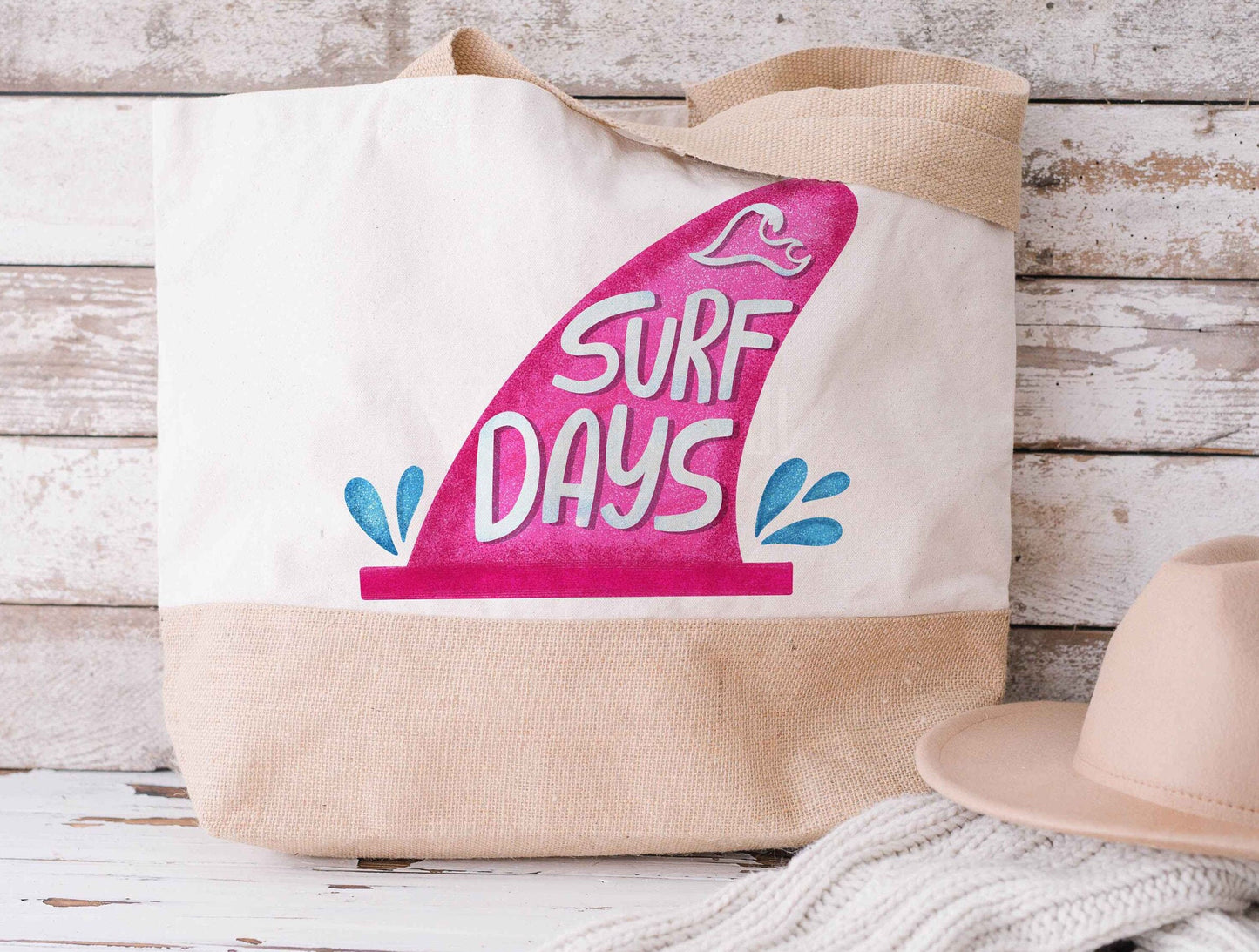 Pink Surf Days Beach Bag, Large Canvas Jute Totebag