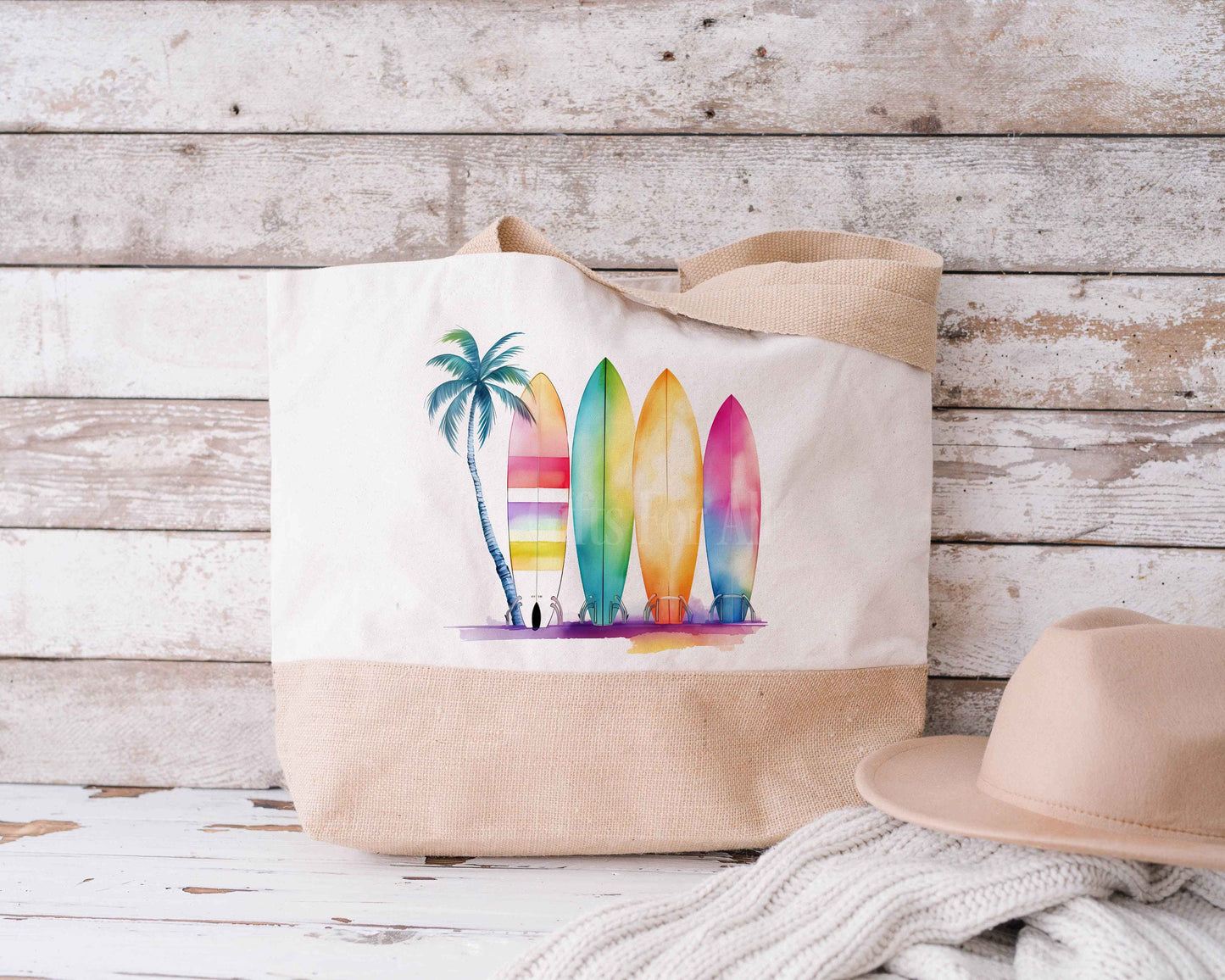 Large Sufer Beach Bag Bright Surf Jute Tote Bag Surfing Lover Bag