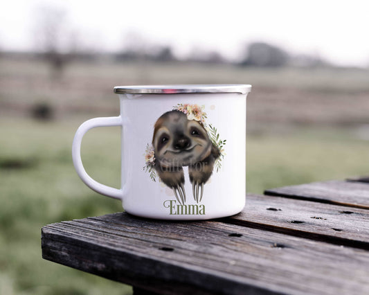 Personalsied Sloth Enamel Mug, Outdoor Meltal Mug, Camper Mug