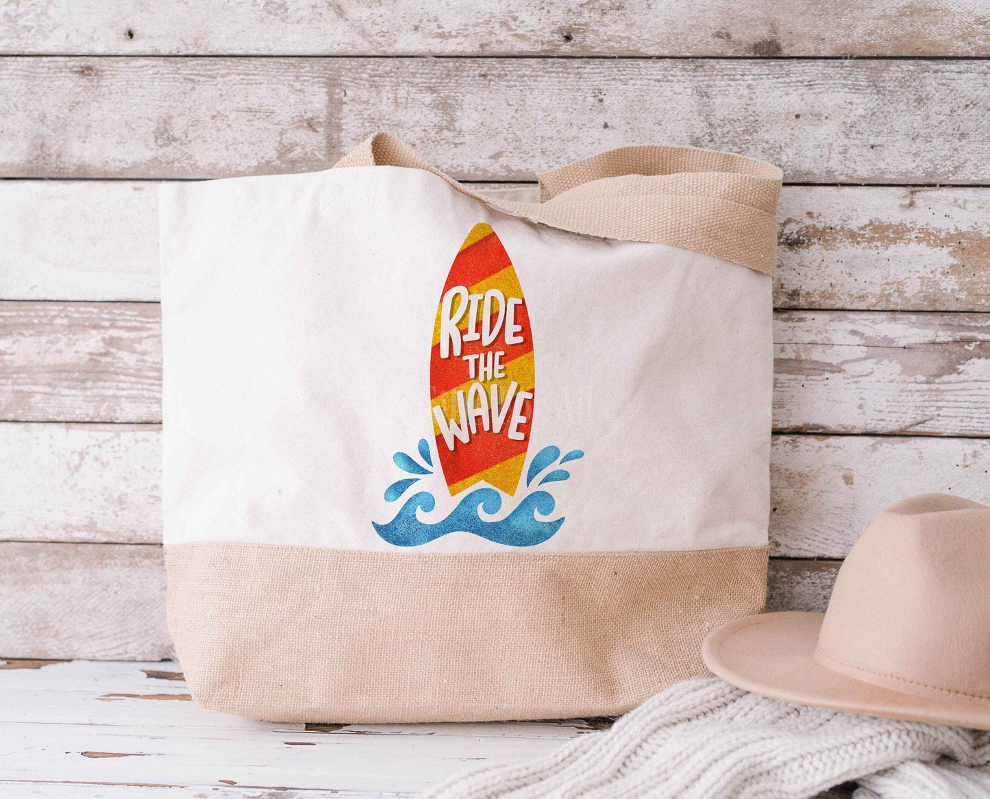 Ride The Waves Jute Tote Shopper Picnic Beach Bag, Eco Friendly Jute