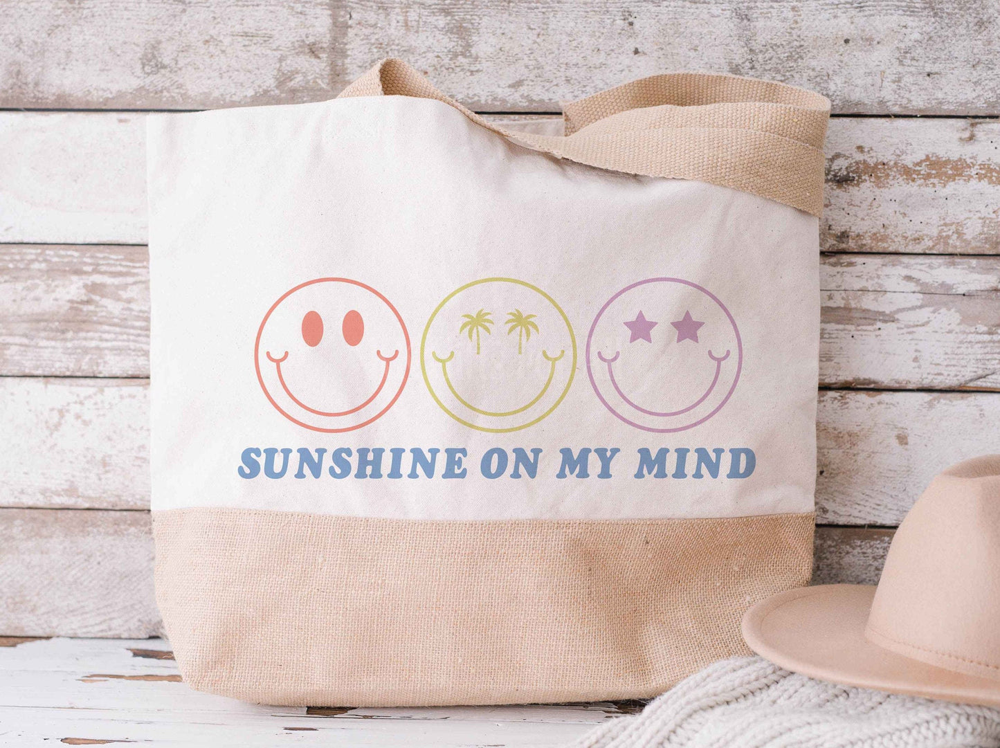 Sunshine On My Mind Jute Totebag, Large Canvas Shopper Picnic Beach Bag