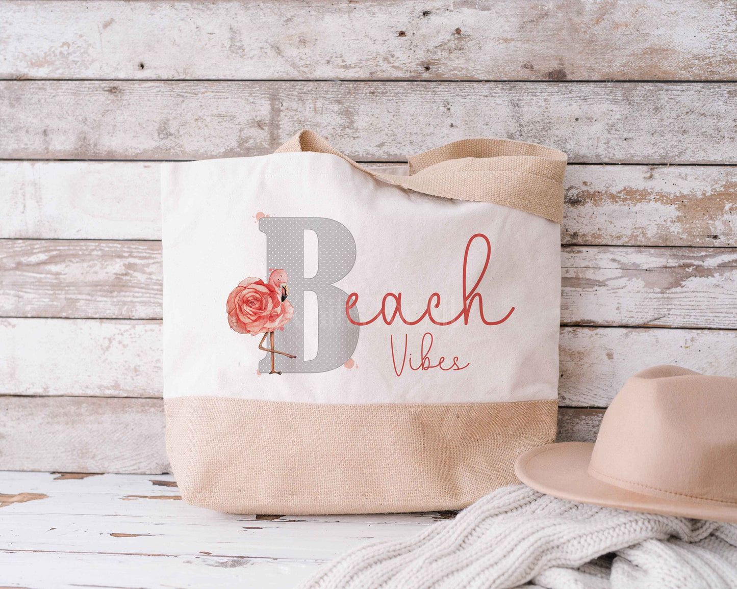 Large Beach Jute Totebag Flamingo Beach Vibes Bag Floral Flamingo Family Holiday Pool Bag